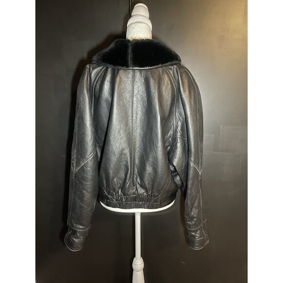Vtg John Carlisle San Francisco Black Leather Jacket Shearling Collar 80s 90s M. - Picture 5 of 12
